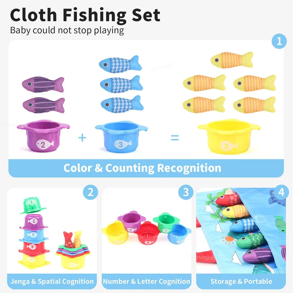 Plush Fishing Toys Baby Toys with Stacking Cups Sorting Educational Learning Montessori Toys for Toddler Gifts 1-3 Year Boy Girl