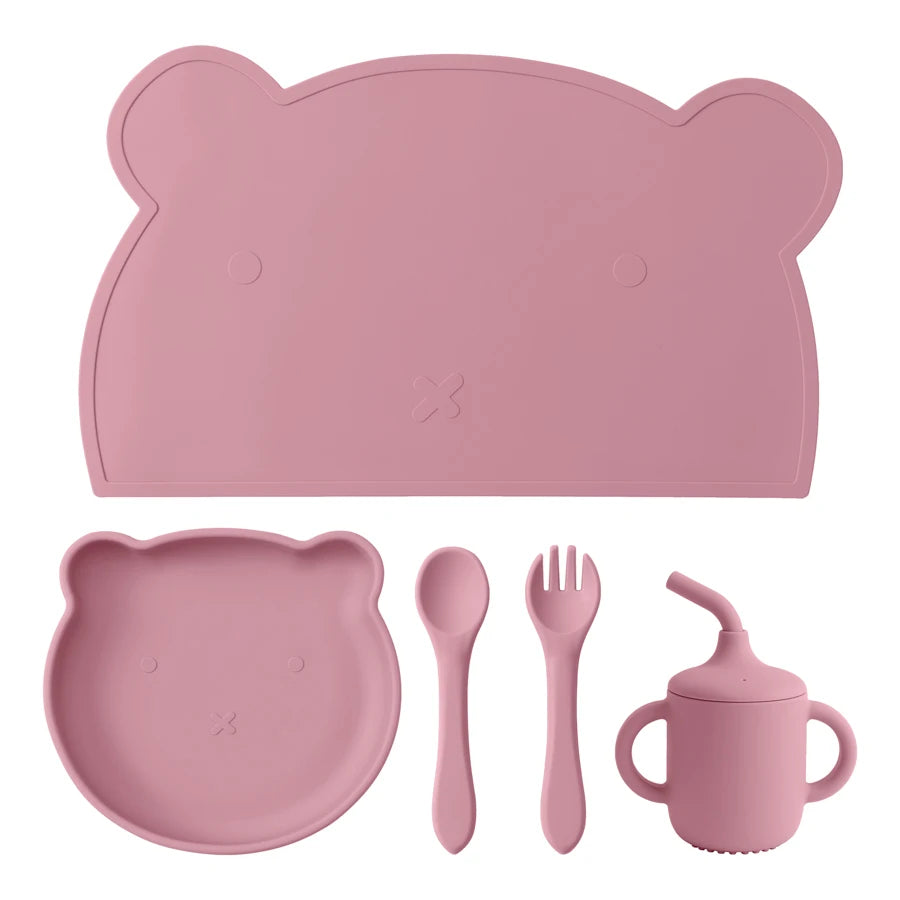 5PCS Baby Silicone Tableware Waterproof Placemat Soft Spoon Fork Suction Baby Dishes Sippy Cup Feeding Training Baby Dinner Set