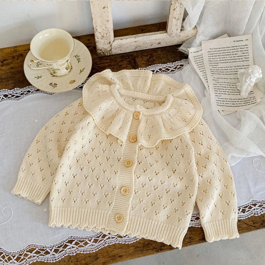 Autumn New Baby Clothing, 0-3 Year Old Girl Cotton Knitted Lotus Collar Hollow Long sleeved Sweater Coat