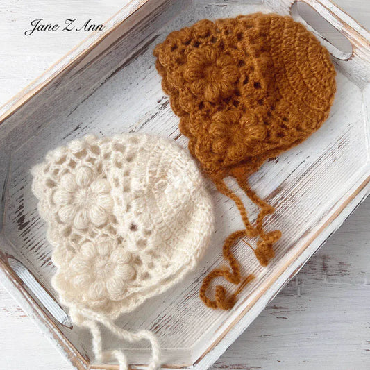Twin Newborn Crochet Hats Ivory Brown Handmade Knit Photo Props