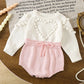 2025 New Autumn Children Clothes Infant Baby Girls Long Sleeved Splicing Knitted Jumpsuit Newborn Baby Knitted Bodysuits+Hat