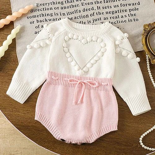 2025 New Autumn Children Clothes Infant Baby Girls Long Sleeved Splicing Knitted Jumpsuit Newborn Baby Knitted Bodysuits+Hat