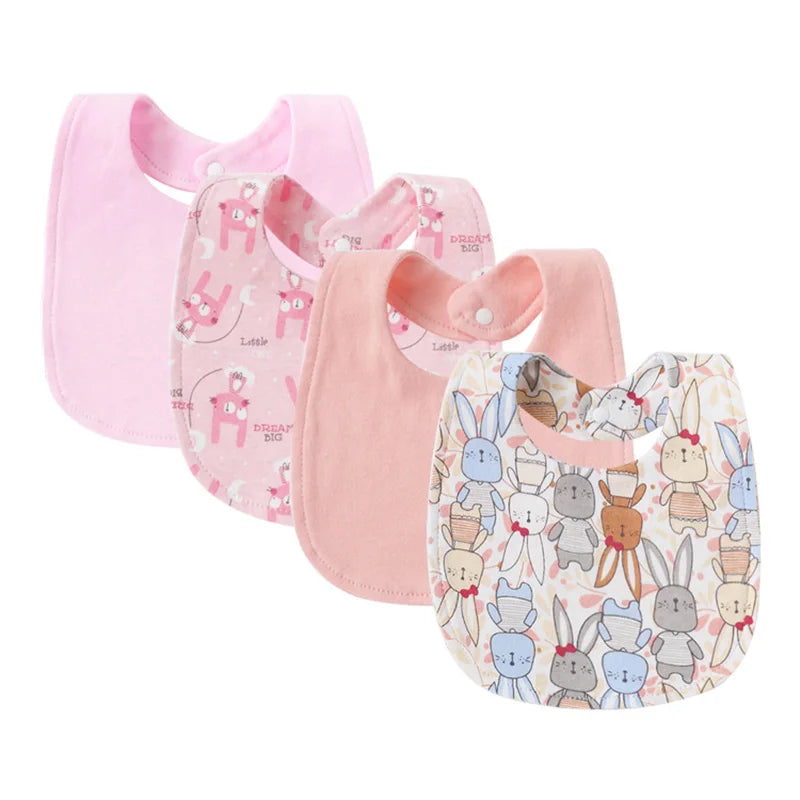 4 Pcs/lot Baby Bibs Double Layer Cotton Saliva Towel for Girls Boys Cute Printed Newborn Burp Cloths Infant Feeding Accessories