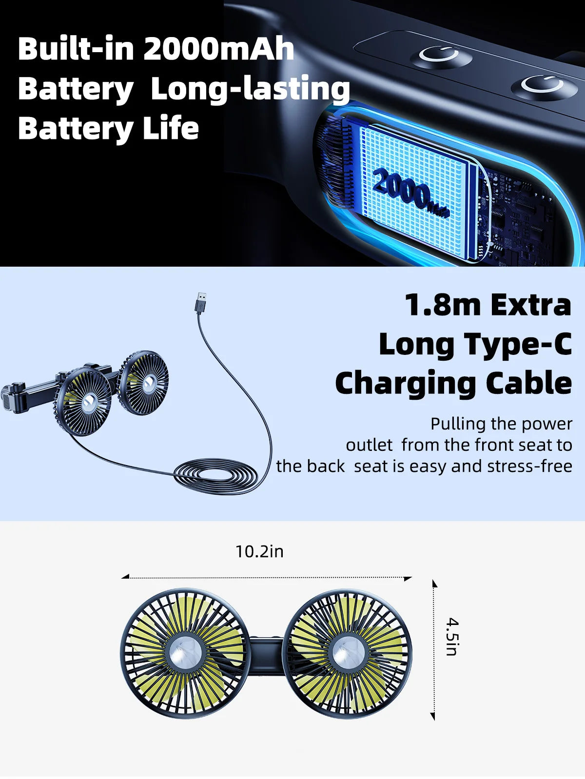 Eary Car Dual-Head Fan Mount For Backseat Rear Seat Headrest USB Charge Long Arm Adjustable 3-Speed Wind Air Cooling Fan For Kid