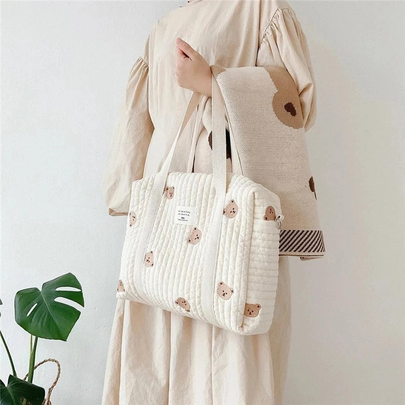 Korean Style Quilted Diaper Bag – Embroidered Mummy Shoulder Organizer