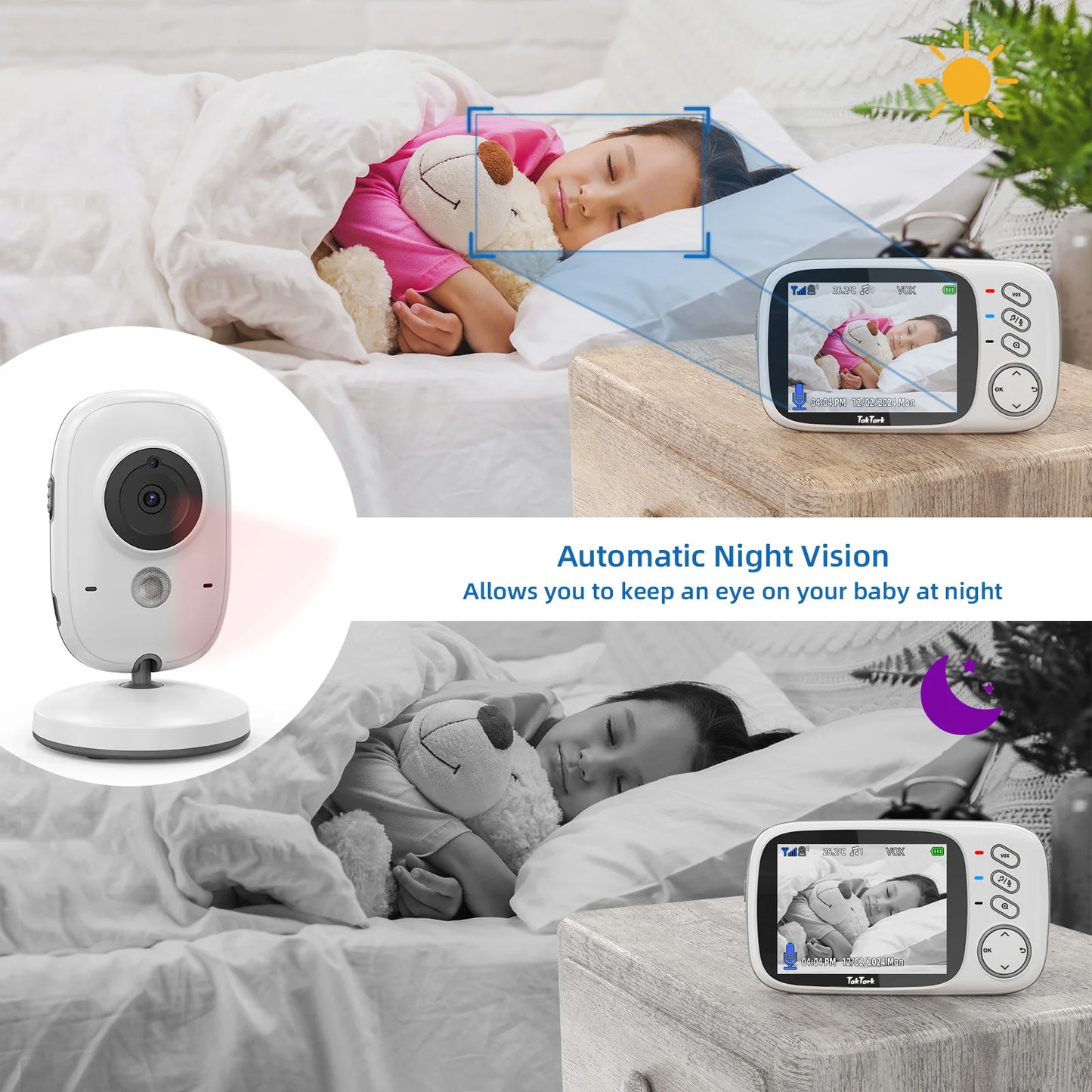 Babyphone sans fil avec écran 3,2 pouces, vision nocturne et audio