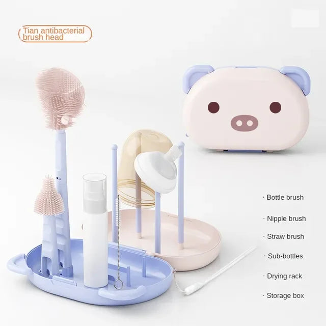 Baby Bottle Cleaner Brush Set Travel Size Drying Racks Silicone Cleaning Nipple Straw Cleaner Kit Soap Dispenser Organizer Case
