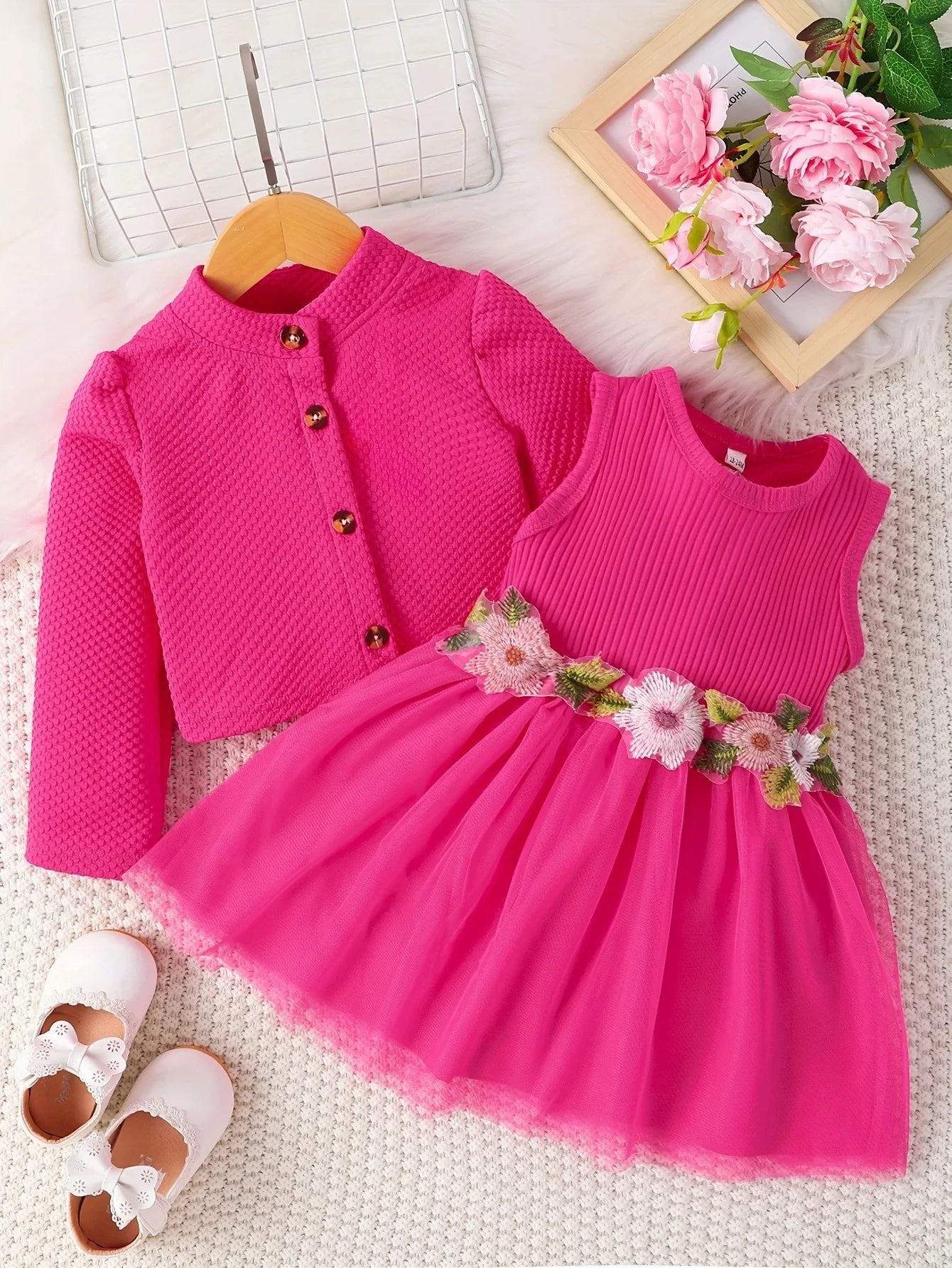 Baby Girl Dress Set 0–24M – Pink Petal Suspender Coat for Spring/Autumn