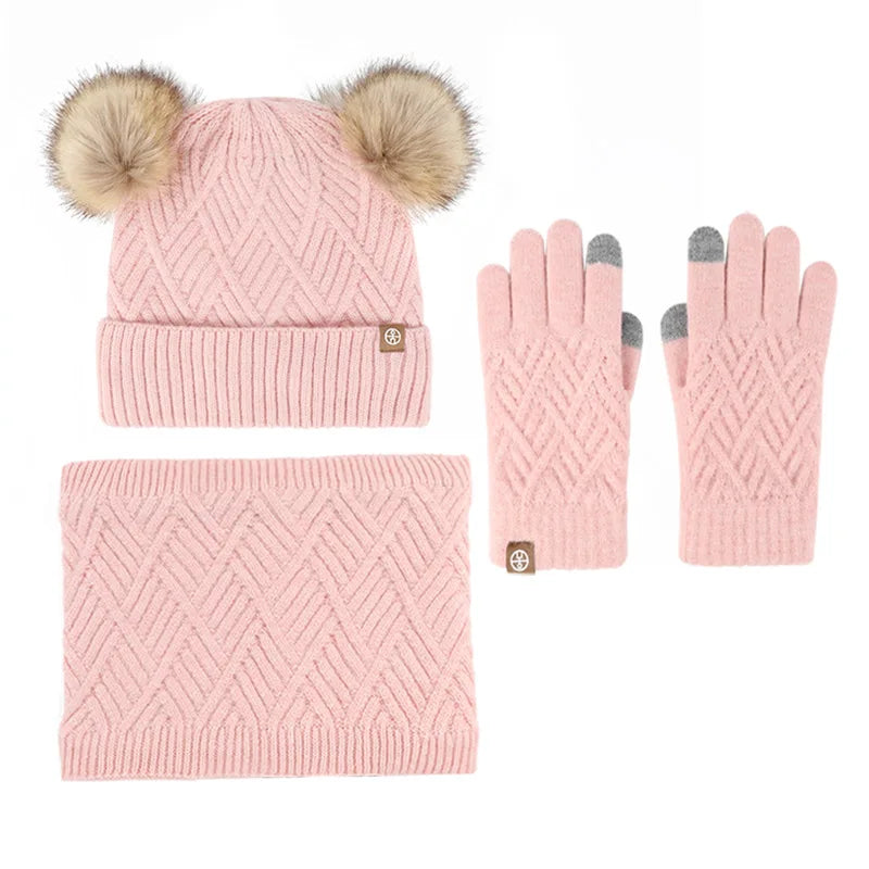 Winter Velvet Outdoor Travel Warm Knit Children's Colorful Wool Ball Hat Scarf Gloves Three Piece Set Luxury Holiday Gift