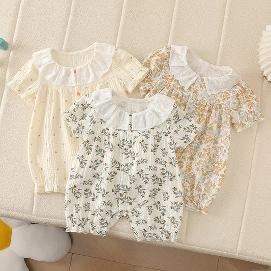 0 - 2 Y Newborn Outdoor Clothes Adorable Baby Girls' Cotton Short Sleeved Romper with Lace Doll Collar Cute and Soft Fabric