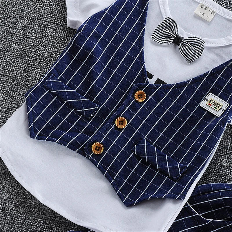 2PCS Baby Set Summer Children's Outgoing Plaid Gentleman Style Fake Two Piece Vest Short Sleeve Shorts Set