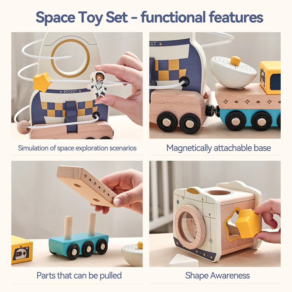 Wooden Astronaut Space Toys Set Baby Montessori Rocket Knowledge Puzzle Toys Early Shape Perception Building Block Stacking Game