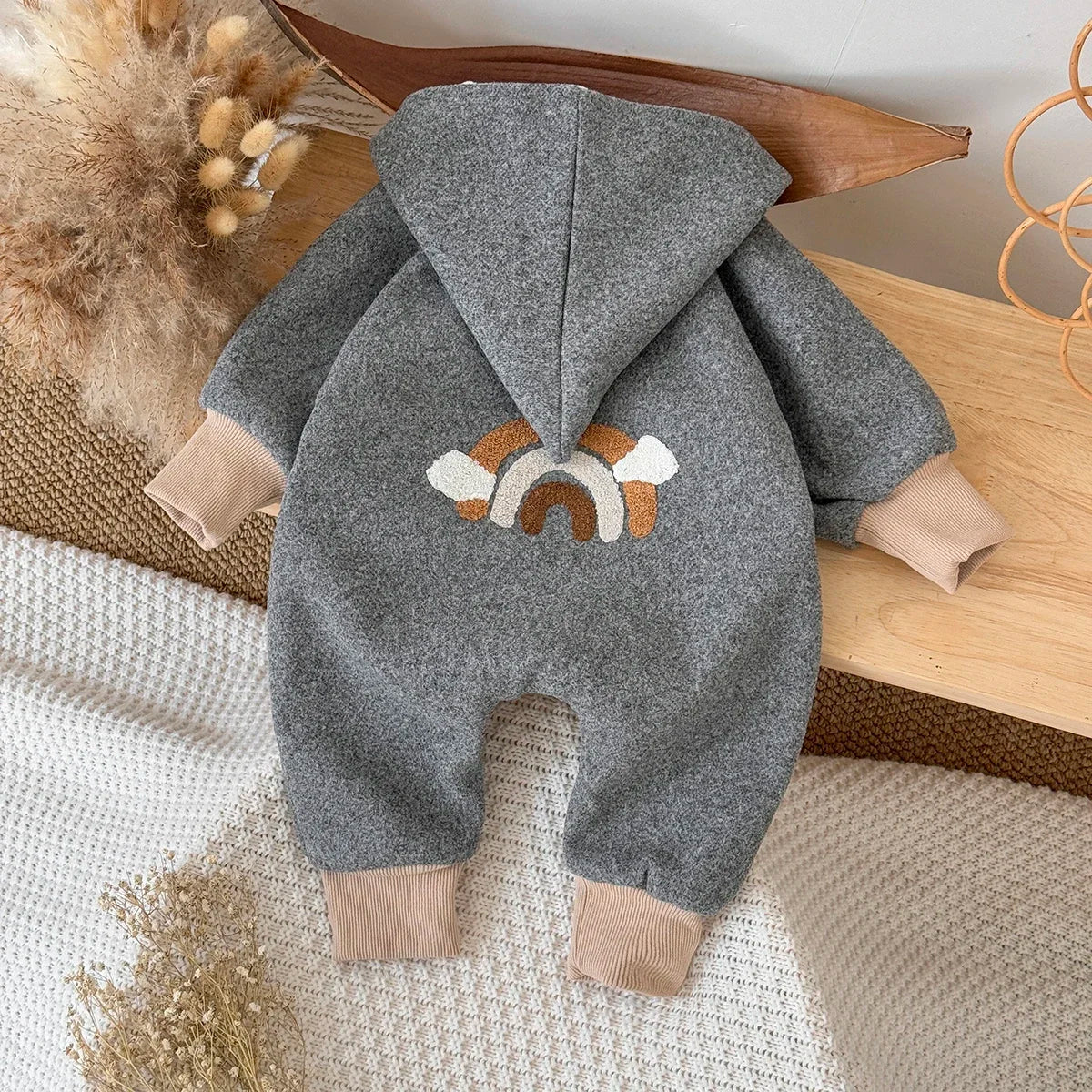 Baby Boys Woolen Jumpsuits Newborn Girls Hooded Rainbow Printed Rompers Winter Warm Bodysuit Clothes