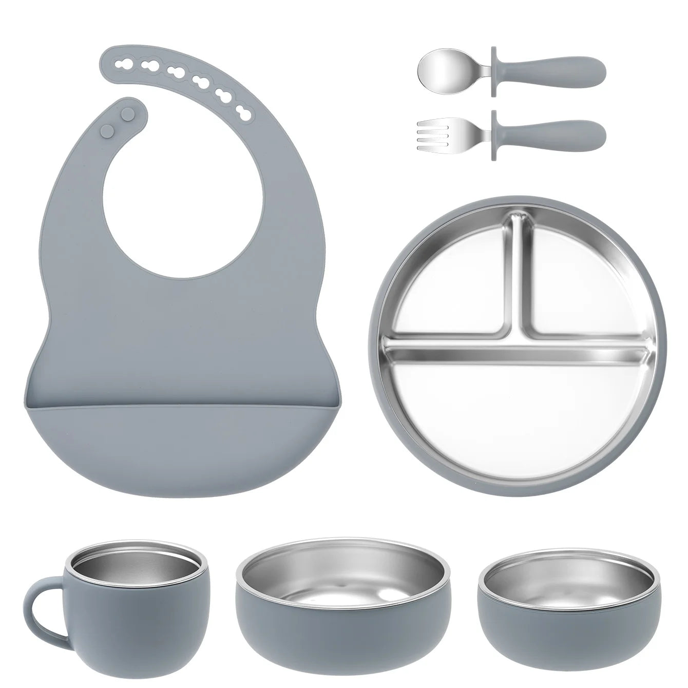 7PCS Baby Feeding Set – Stainless Steel & Silicone Tableware