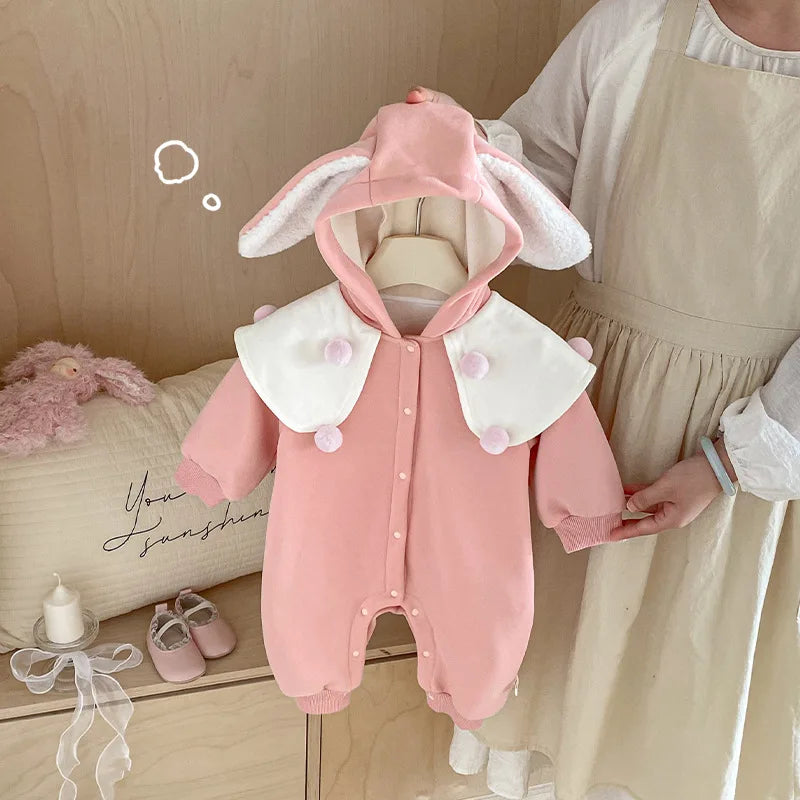Combinaison bébé mignonne 0-2 ans, châle d'hiver super mignon avec bonnet en peluche, vêtements pour nouveau-né