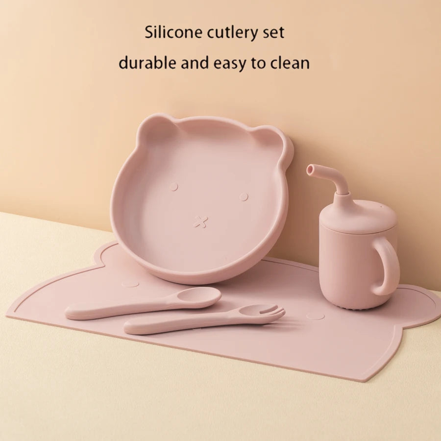 5PCS Baby Silicone Tableware Waterproof Placemat Soft Spoon Fork Suction Baby Dishes Sippy Cup Feeding Training Baby Dinner Set