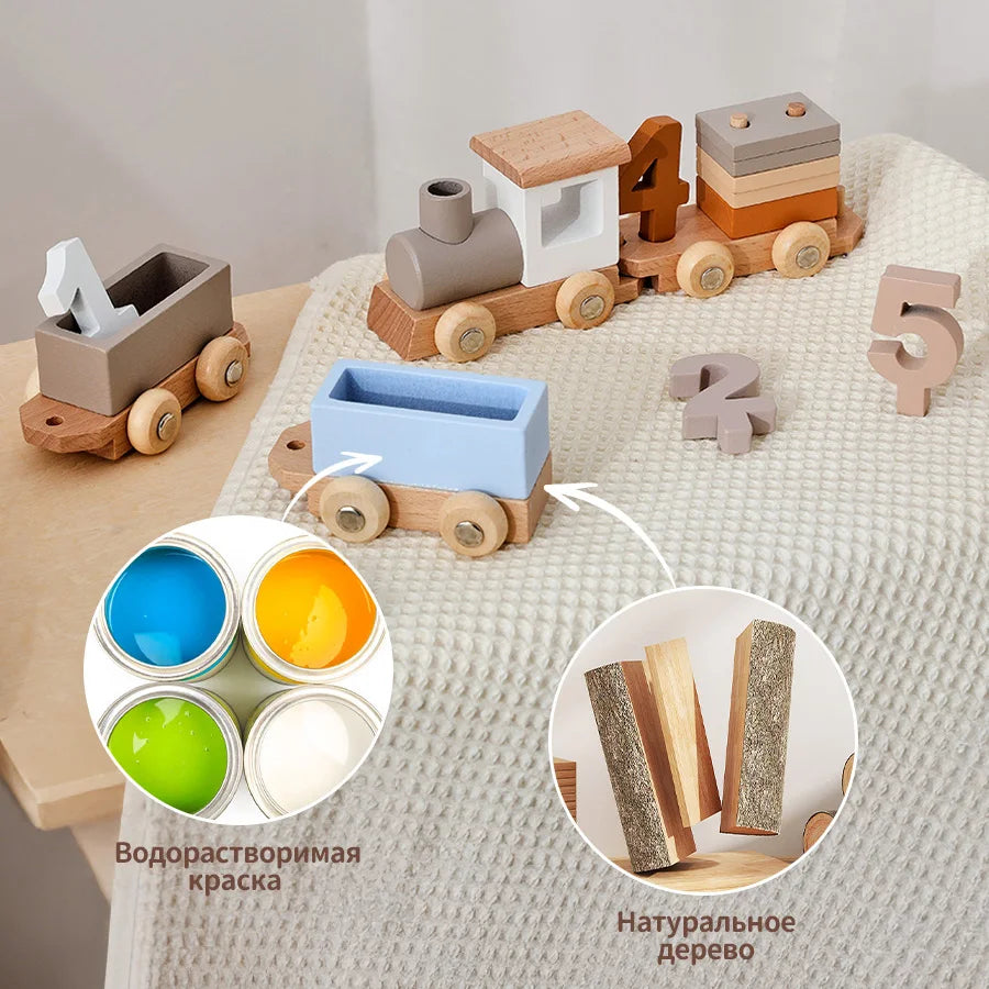Montessori Wooden Train Set for Baby Toys with Numbers and Blocks Train Toy Hands-on Queuing Ability Educational Children Gift