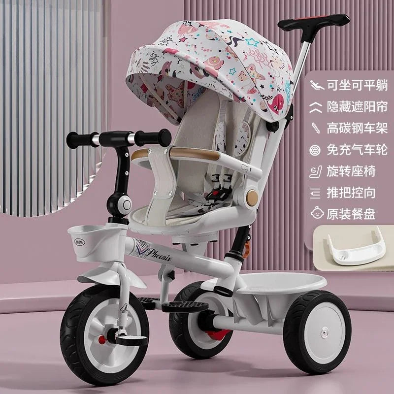 Premium Baby Tricycle 1-6 Years Old Kids Parent Push Handle Large Seat Adjustable Canopy Safety Belt Ride Outdoor Stroller Bike