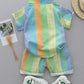 2PCS baby and toddler summer full print three color vertical stripe pattern stand up collar shirt short sleeved shorts set
