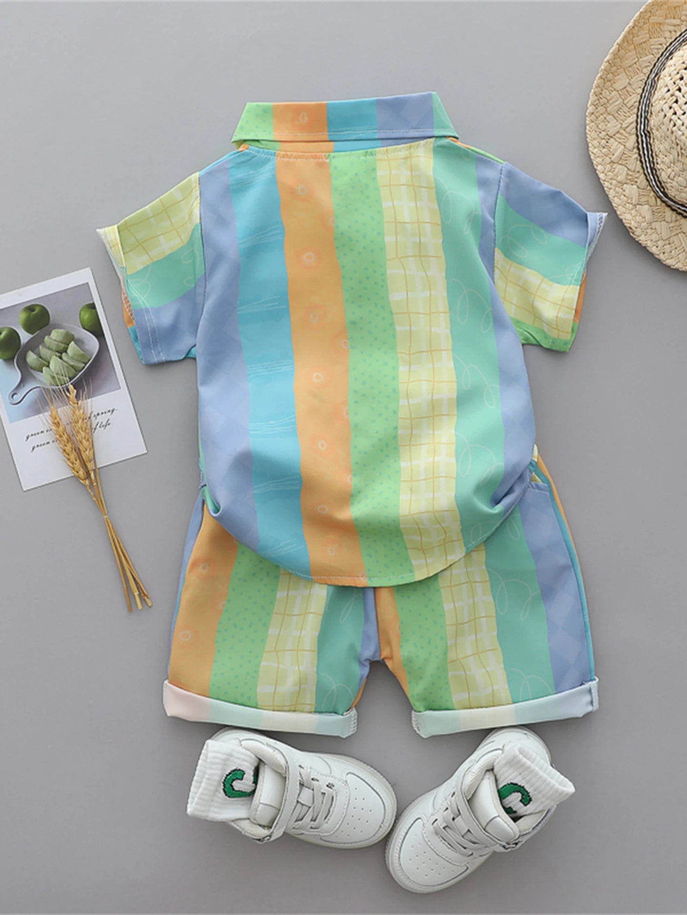 2PCS baby and toddler summer full print three color vertical stripe pattern stand up collar shirt short sleeved shorts set