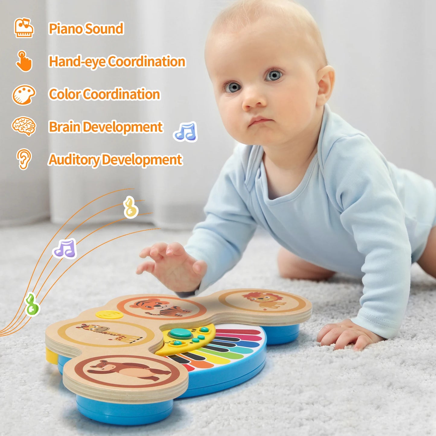 2-in-1 Wooden Piano & Drum – Lights & Music Fun!