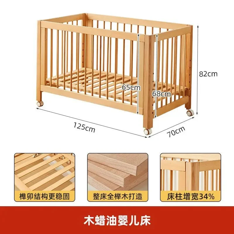 Adjustable Beechwood Baby Crib Convertible Bedside Sleeper with Guardrail Wheels Baby Bassinet Nest Bed Child Sleep with Wheels