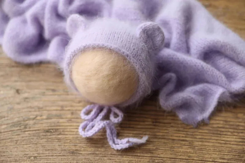 Fluffy Mink Thread Newborn Knit Hat with Ears Photo Prop