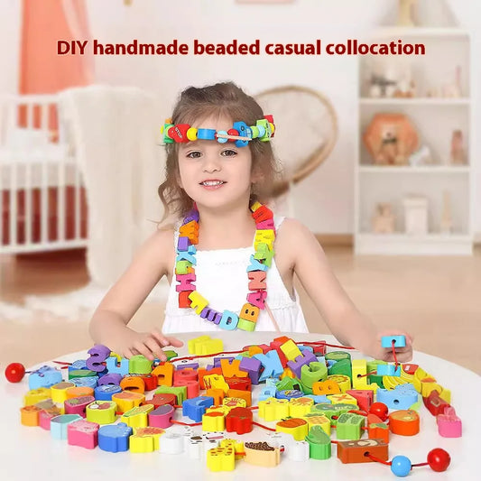 Monterssori Beaded Wooden Toys Baby Cartoon Fruit Animal Stringing Wooden Beads Toys Children's Educational Games