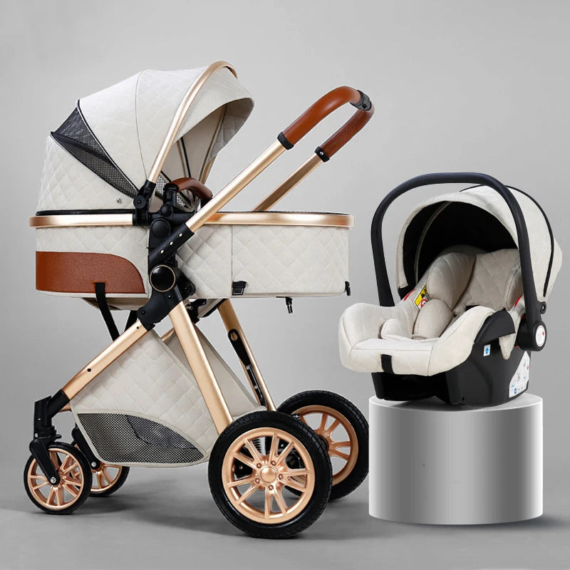Poussette de luxe 3 en 1, poussette tout-terrain haute, bébé assis ou allongé