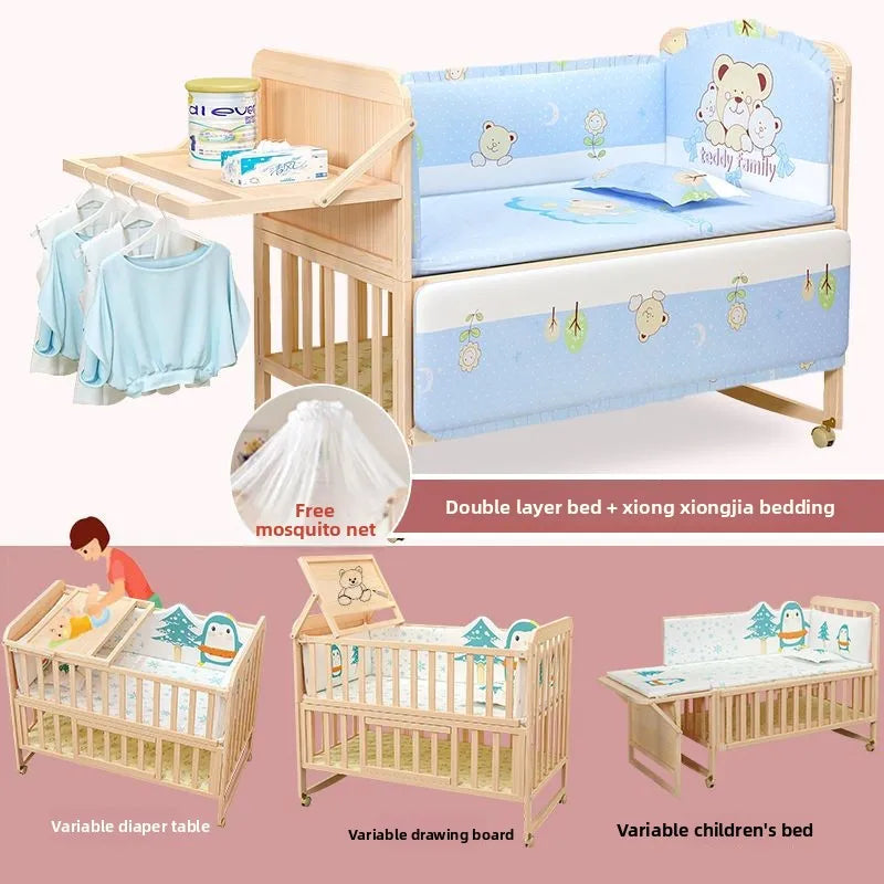 Solid Wood Baby Crib Convertible Toddler Bed Movable Newborn Bassinet Cradle Multi Functional Infant Bed For Babies Boys Girls