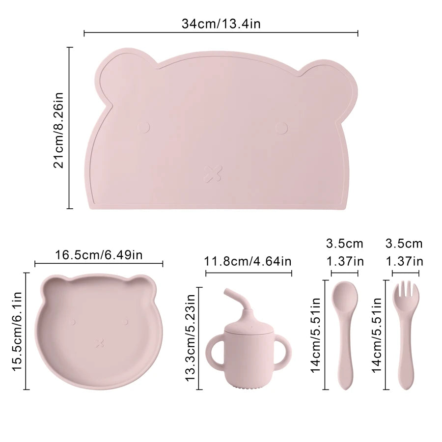 5PCS Baby Silicone Tableware Waterproof Placemat Soft Spoon Fork Suction Baby Dishes Sippy Cup Feeding Training Baby Dinner Set