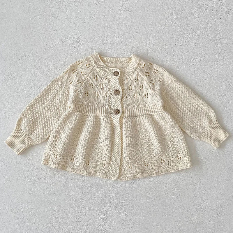 Autumn new baby clothing, 0-3 year old female baby sweater hollowed out knitted cardigan A-line versatile jacket outer layer