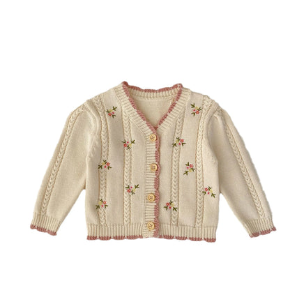 New autumn baby clothing, versatile cotton yarn, 0-3-year-old girl baby small floral embroidered long sleeved knitted jacket