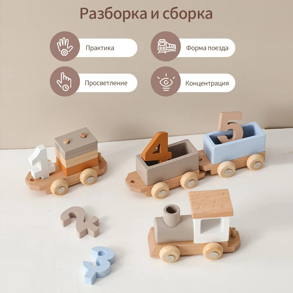 Montessori Wooden Train Set for Baby Toys with Numbers and Blocks Train Toy Hands-on Queuing Ability Educational Children Gift