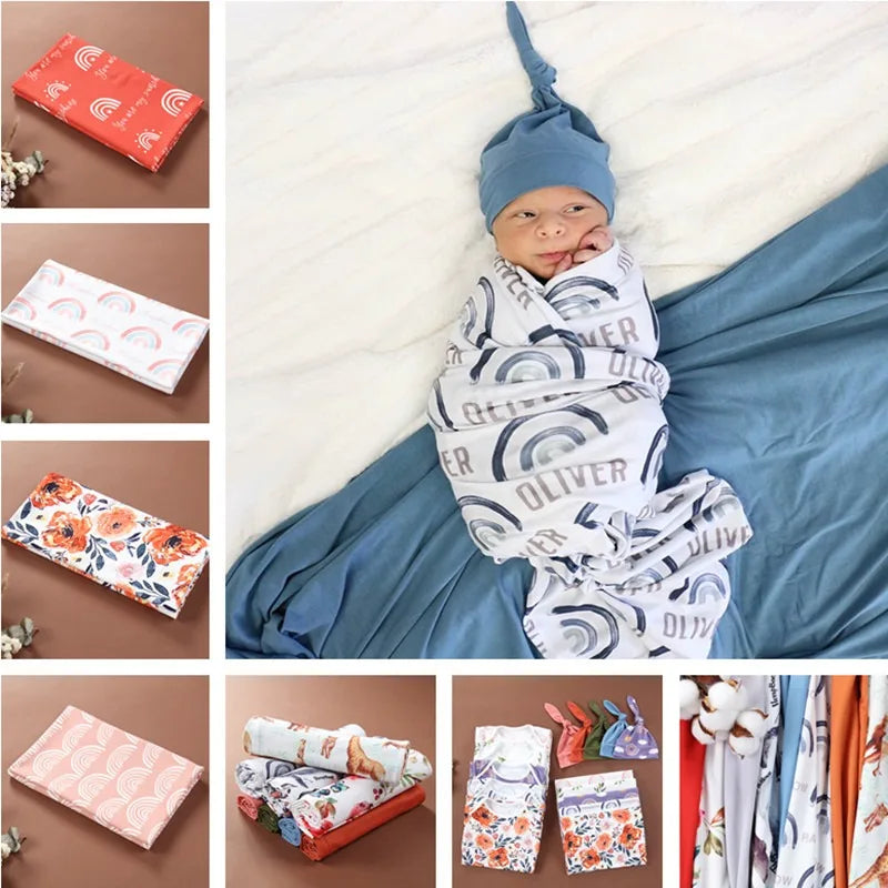 Organic Muslin Swaddle&Hat Set-Boho Rainbow Newborn Photography Props for Unisex Baby Boys&Girls,Birth Announcement Photo bebe