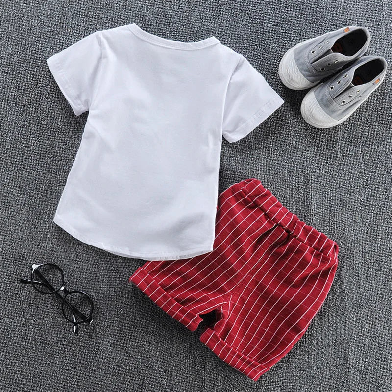 2PCS Baby Set Summer Children's Outgoing Plaid Gentleman Style Fake Two Piece Vest Short Sleeve Shorts Set