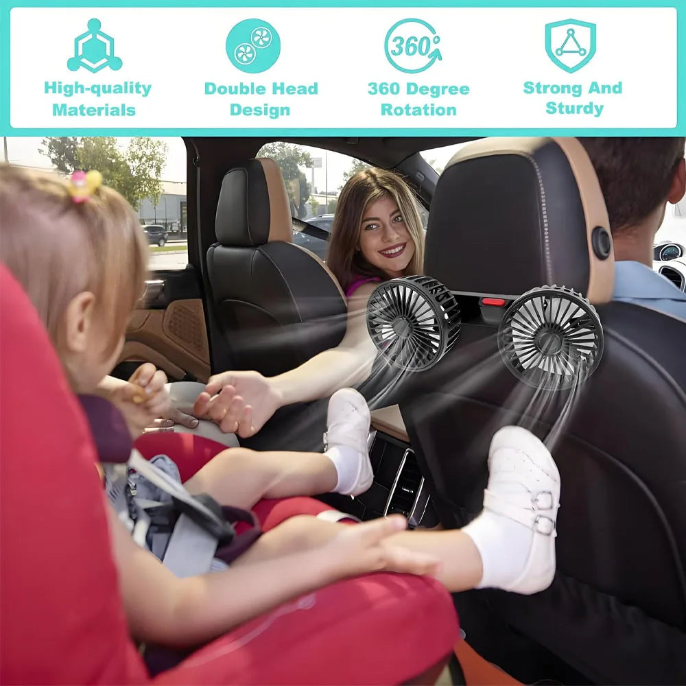 New Car Fan 3-speed Car Seat Back Cooling Fan 360° Rotation Double Head Car Back Seat Fan 5 Fan Blades for Summer Car Accessorie
