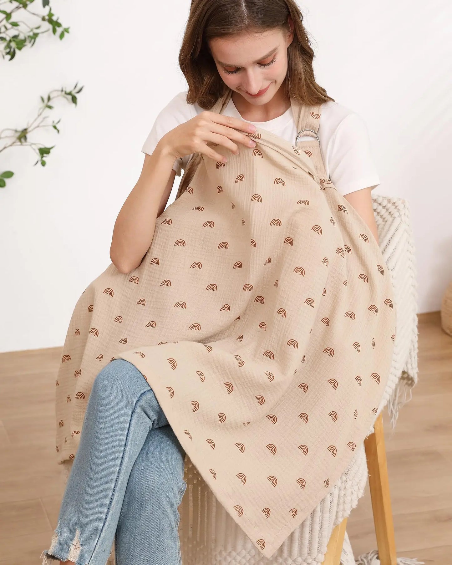 Muslin Nursing Cover for Baby Breastfeeding, Breathable 100% Cotton Breastfeeding Cover with Rigid Hoop for Mother Nursing Apron