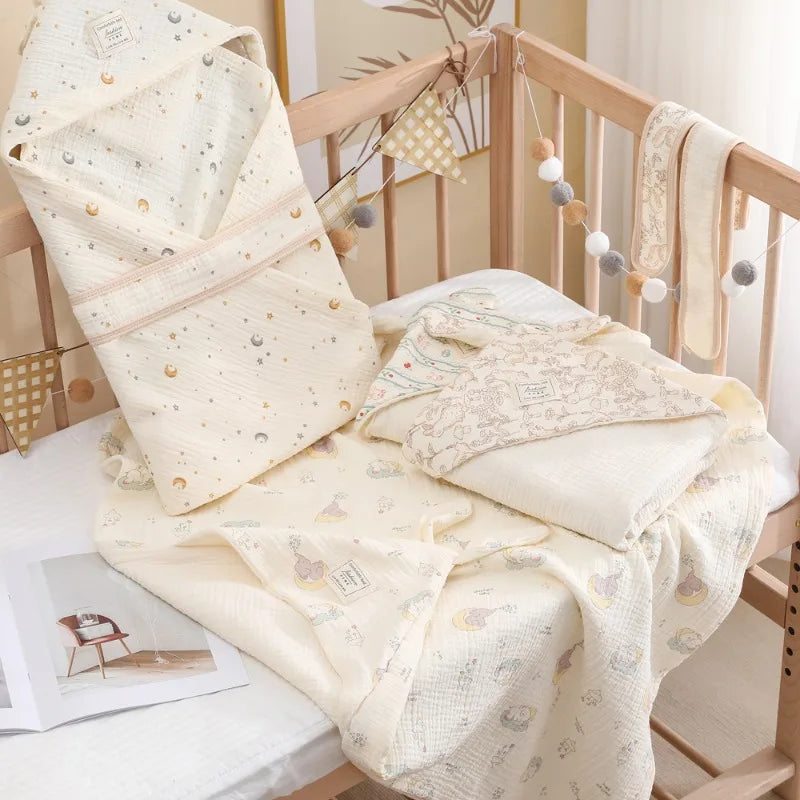 4-Layer 100% Cotton Gauze Newborn Swaddle Blanket Cute Cartoon Baby Swaddling Wrap Breathable Receiving Blanket for Hospital