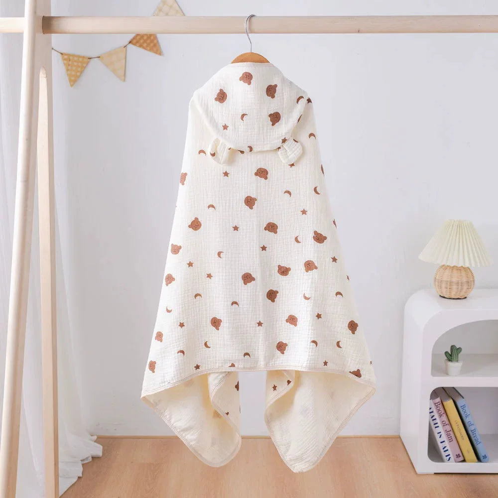 Soft Hooded Baby Bath Towel Cartoon Cloak  Super Absorbent Gauze Bathing Wrap for Newborn Infant Anti-Shedding & Skin-Friendly