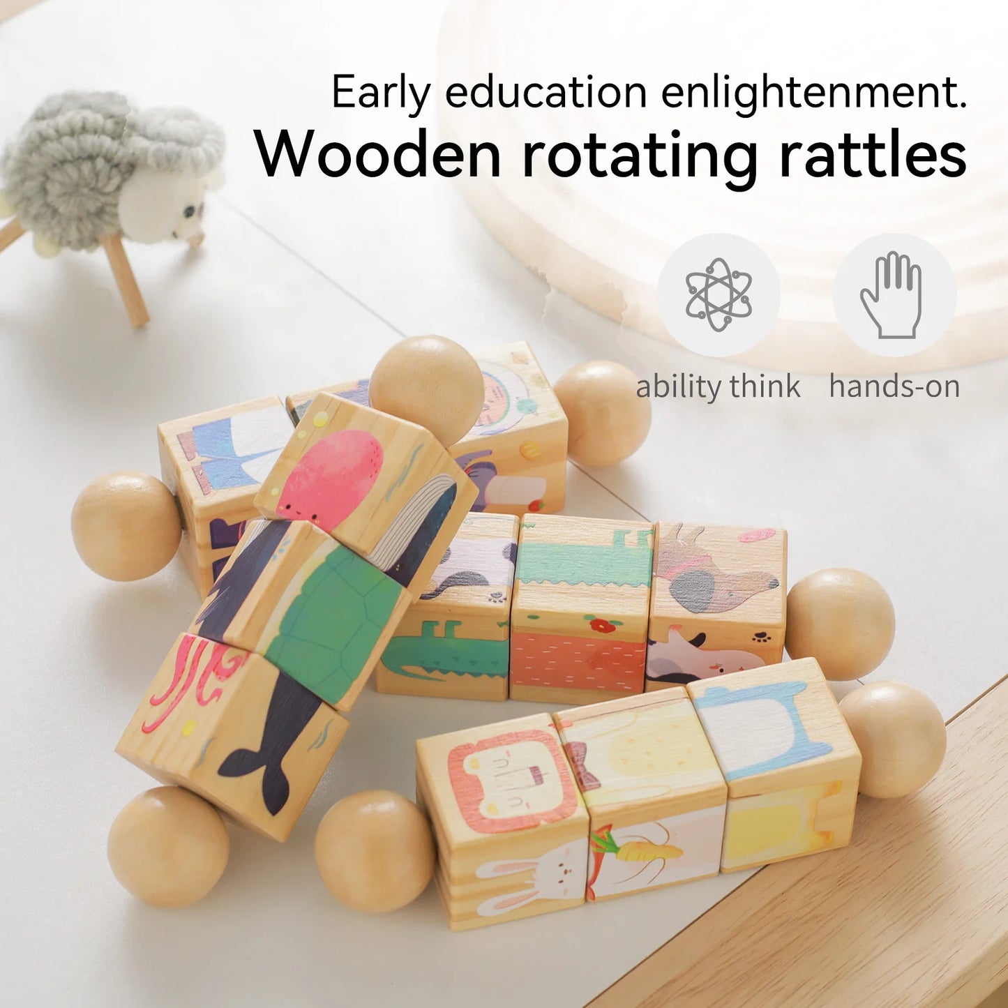 Montessori Baby Toys Wooden Cartoon Block Rattle Toys Early Educational Toys for Kids Wooden Craft Toddler Toys Baby Accessories