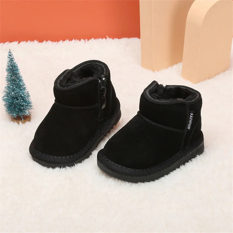 New Winter Baby Snow Boots Leather Warm Plush Infant Shoes Zip Side Soft Sole Fashion Toddler Boys Girls Boots 15-25