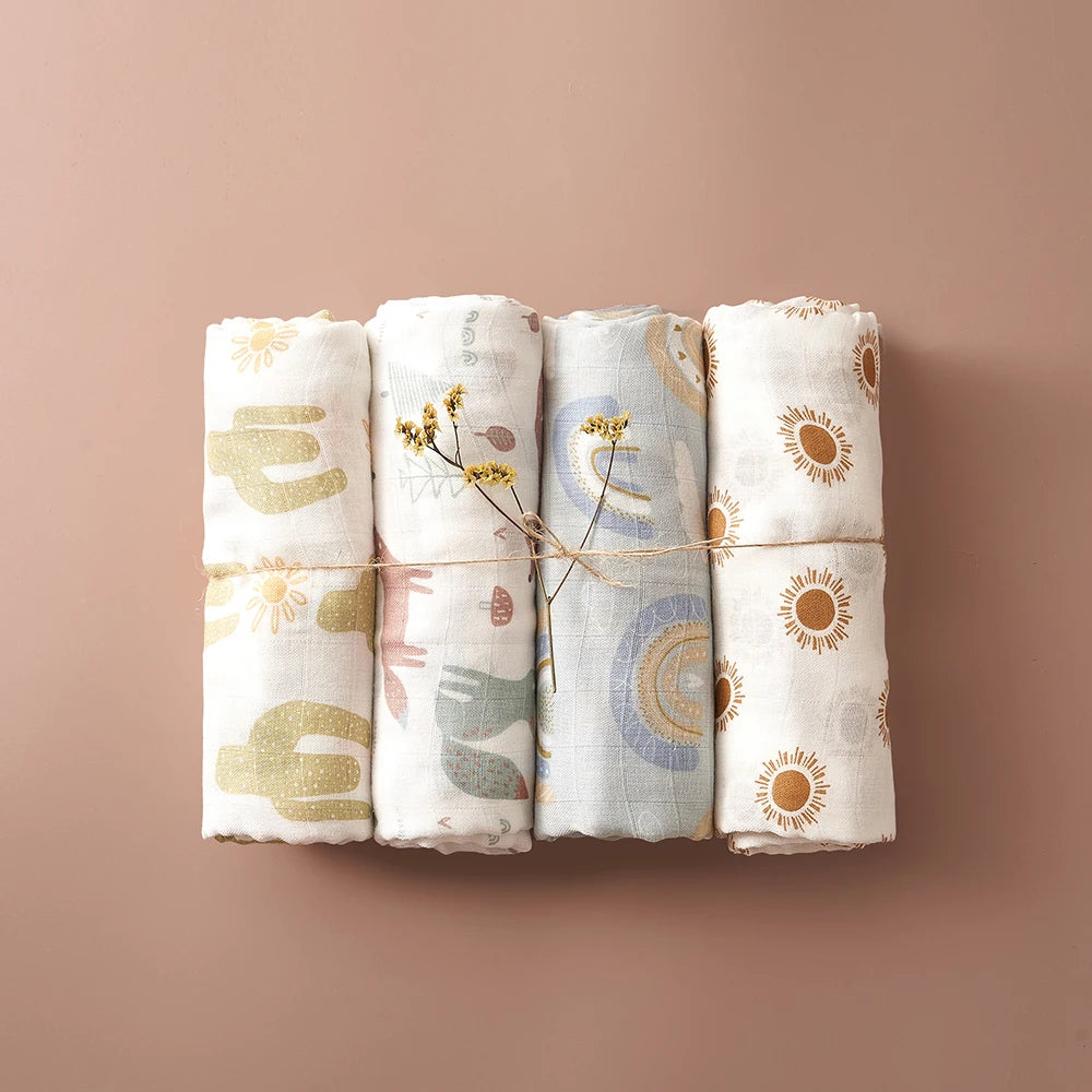 Kangobaby #My Soft Life# 4pcs Set All Season Multifunctional Baby Muslin Swaddle Blanket Newborn Bath Towel Infant Wrap Quilt