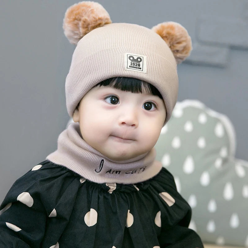 IYEAL   Winter Boys And Girls Lovely Knitted Hats Children's Hat +Neck scarf 2-Piece Set Baby Wool Hat Scarf Warm Thick Hat