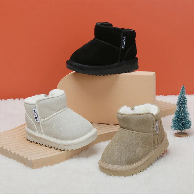 New Winter Baby Snow Boots Leather Warm Plush Infant Shoes Zip Side Soft Sole Fashion Toddler Boys Girls Boots 15-25