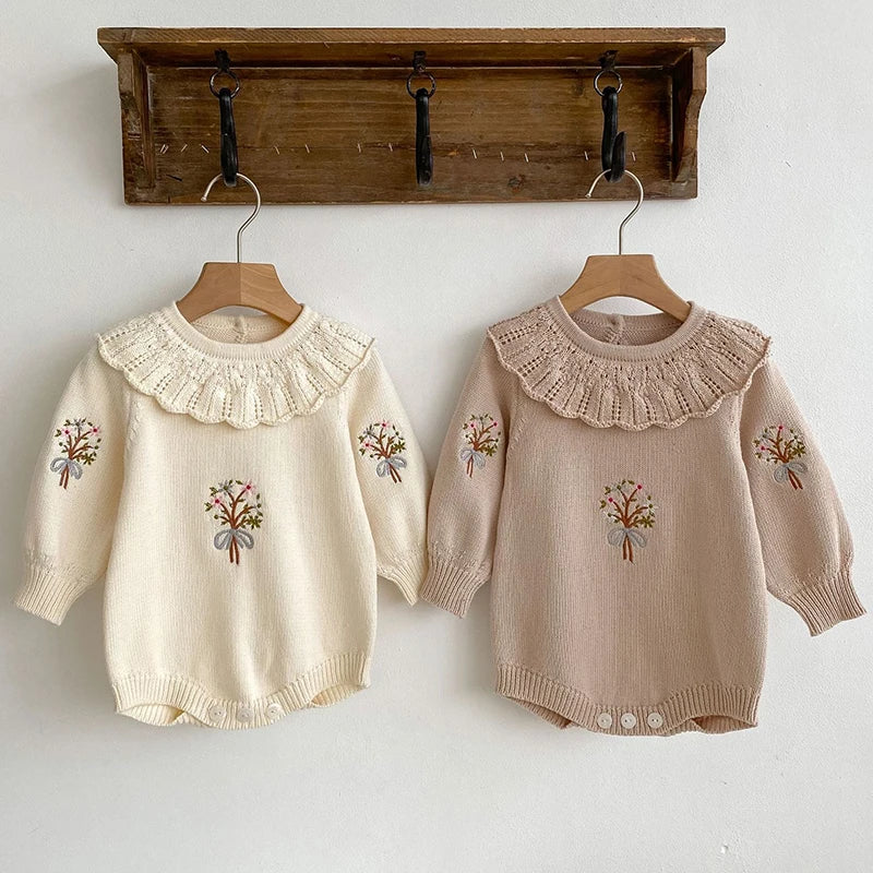 Combinaison bébé fille automne, barboteuse tricotée, broderie à volants, vêtements de nouveau-né, combinaison bébé fille