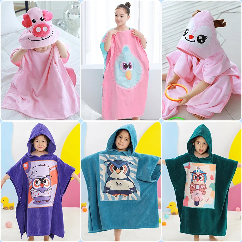 Kids Poncho Towels Hooded Bathrobe - Cotton Absorbent for Baby Shower, Height 80-170cm Boys Girls Children Cartoon Swim Bathing