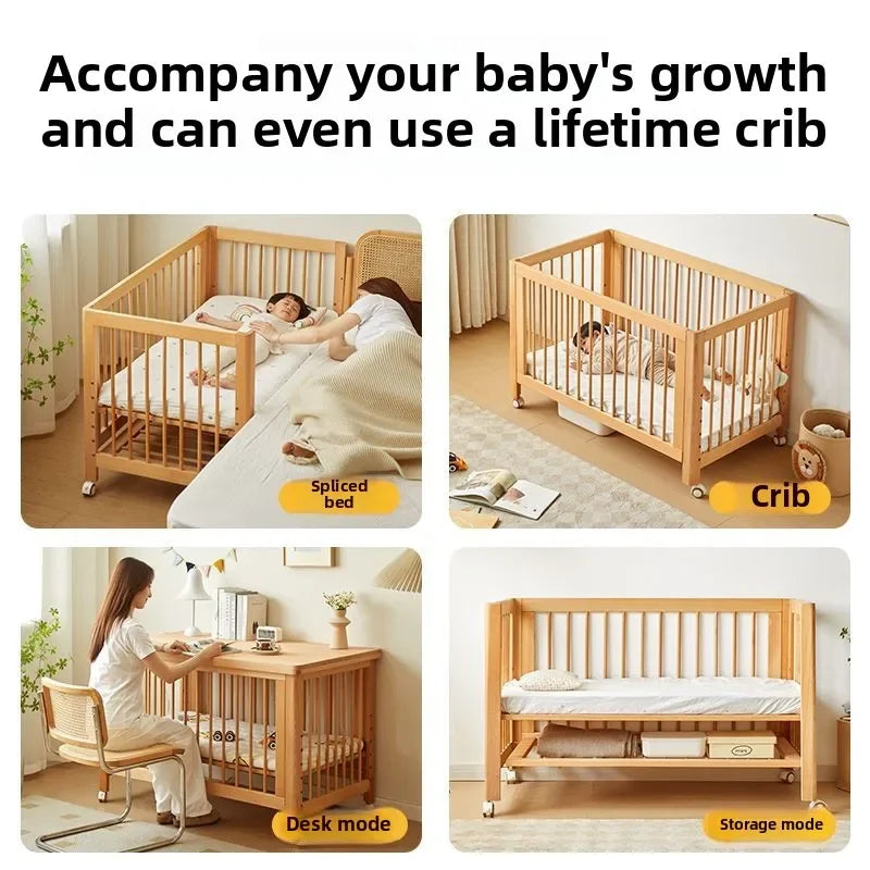 Adjustable Beechwood Baby Crib Convertible Bedside Sleeper with Guardrail Wheels Baby Bassinet Nest Bed Child Sleep with Wheels
