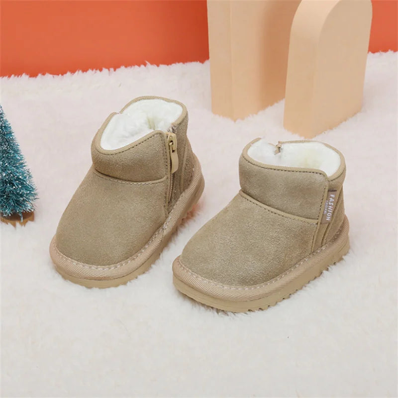 New Winter Baby Snow Boots Leather Warm Plush Infant Shoes Zip Side Soft Sole Fashion Toddler Boys Girls Boots 15-25