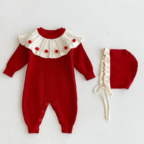 2025 New Autumn Children Clothes Infant Baby Girls Long Sleeved Splicing Knitted Jumpsuit Newborn Baby Knitted Bodysuits+Hat
